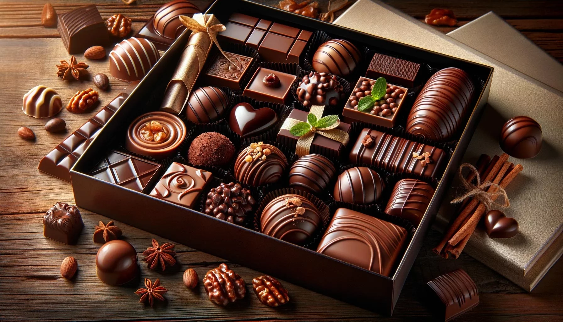 Category of gourmet chocolates and sweets with selected chocolates and boxes of chocolates