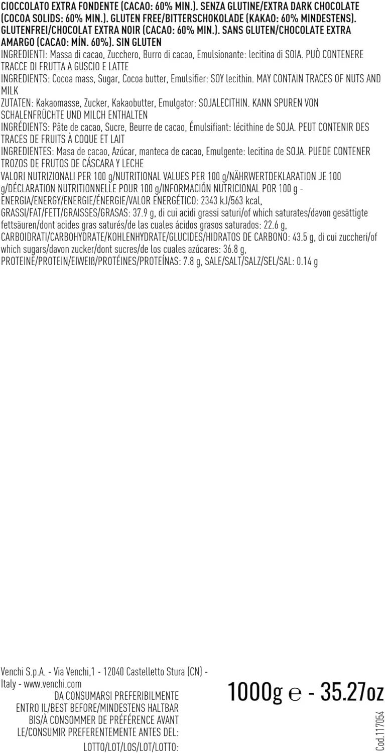 Venchi Pure Blend 60% in Bulk Bag, 1 kg - Dark Chocolate from Africa and Central America - Gluten-Free - Image 5