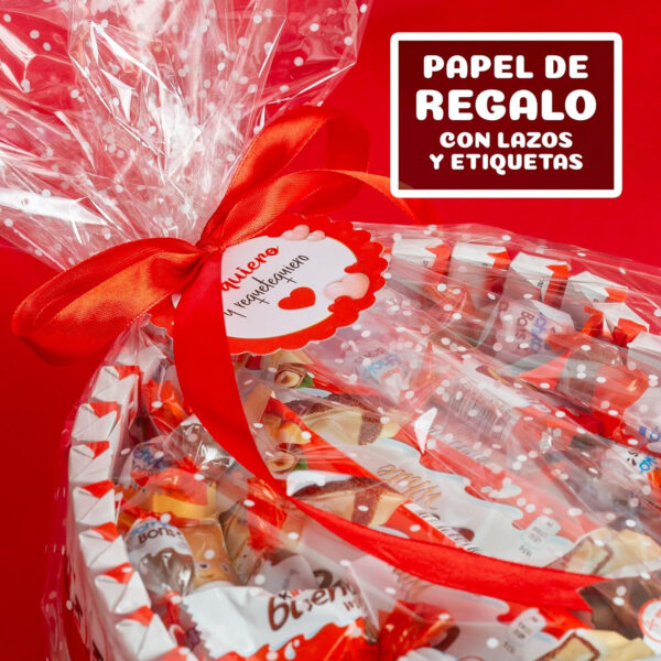 Onza. Cesta regalo de dulces Kinder Bueno. Tarta de chocolates originales para regalar que contiene Kinder bueno, Chocobons, Kinder happy hippo, Kinder chocolate (Corazón Gigante) - Imagen 5