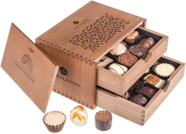 Chocolaterie sin alcohol - 20 bombones sin alcohol en caja de madera | Chocolatada | regalo | padre | madre | hombre | mujer | Día de la Madre | Día del Padre | cumpleaños | Navidad | San Valentín