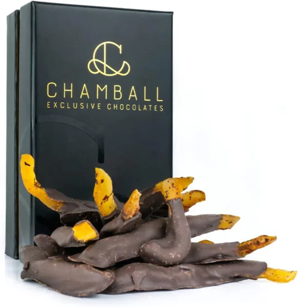 Chamball Orange Box. Artisan chocolate, this combination of dark chocolate with candied orange is a true delight for the most discerning palates.