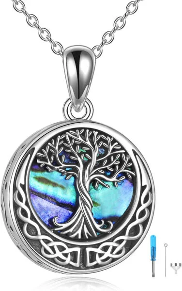 Collar de urna de árbol de la vida para cenizas, plata de ley, concha de abulón, árbol de la vida, joyería de cremación para cenizas, joyería de memoria para mujeres y hombres