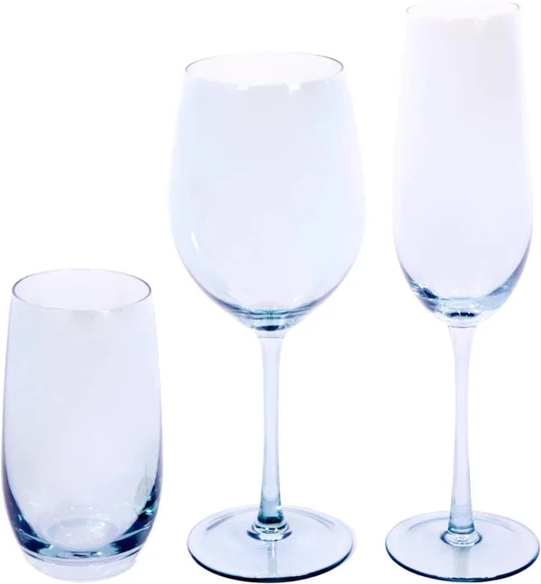 EME Mobiliario Juego de Copas de Cristal en Color Azul Compuesto por Copa de Cava, Copa de Vino y Vaso. 6 Unidades de Cada Pieza.