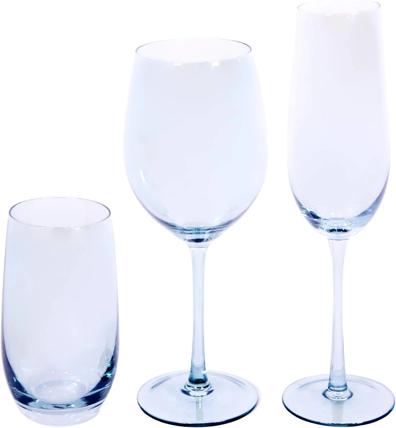 EME Mobiliario Juego de Copas de Cristal en Color Azul Compuesto por Copa de Cava, Copa de Vino y Vaso. 6 Unidades de Cada Pieza.