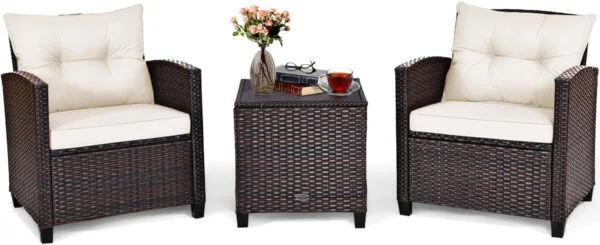 Conjunto Muebles de Ratán para Comedor Salón Jardín Terraza 1 Mesa y 2 Sillas con Cojín de Asiento para Patio Terraza Interior Exterior (Beige)