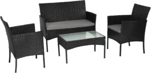 Muebles de jardín de Resina Trenzada Negra – 4 Asientos: 1 sofá, 2 sillones, 1 Mesa de Centro – Cojines Grises con Cremallera
