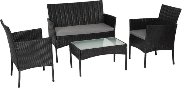 Muebles de jardín de Resina Trenzada Negra - 4 Asientos: 1 sofá, 2 sillones, 1 Mesa de Centro - Cojines Grises con Cremallera