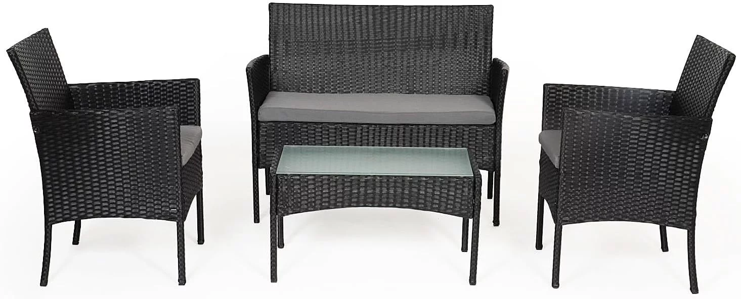 Muebles de jardín de Resina Trenzada Negra - 4 Asientos: 1 sofá, 2 sillones, 1 Mesa de Centro - Cojines Grises con Cremallera - Imagen 2