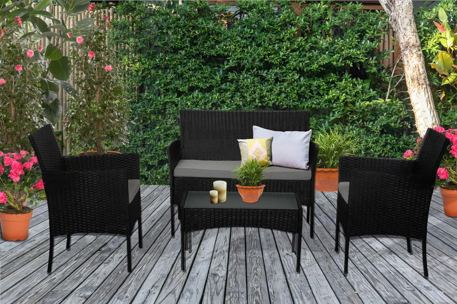 Muebles de jardín de Resina Trenzada Negra - 4 Asientos: 1 sofá, 2 sillones, 1 Mesa de Centro - Cojines Grises con Cremallera - Imagen 7