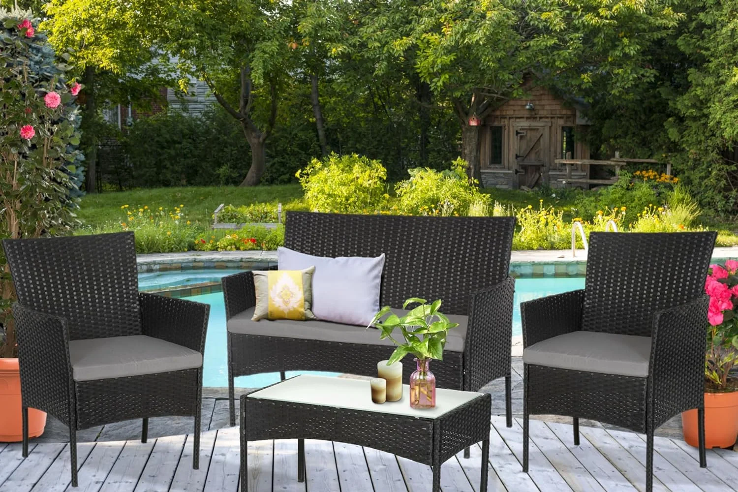 Muebles de jardín de Resina Trenzada Negra - 4 Asientos: 1 sofá, 2 sillones, 1 Mesa de Centro - Cojines Grises con Cremallera - Imagen 8