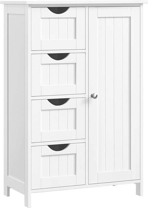 Armario de Baño, Mueble de Baño Estrecho, Cómoda de Baño, Cajonera con 4 Cajones, Armario con Puerta, Estante Ajustable, 30 x 55 x 82 cm, Blanco LHC41W