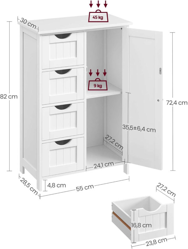 Armario de Baño, Mueble de Baño Estrecho, Cómoda de Baño, Cajonera con 4 Cajones, Armario con Puerta, Estante Ajustable, 30 x 55 x 82 cm, Blanco LHC41W - Imagen 3