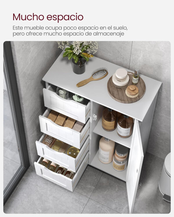 Armario de Baño, Mueble de Baño Estrecho, Cómoda de Baño, Cajonera con 4 Cajones, Armario con Puerta, Estante Ajustable, 30 x 55 x 82 cm, Blanco LHC41W - Imagen 4