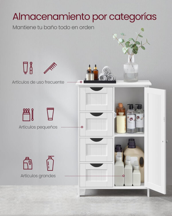 Armario de Baño, Mueble de Baño Estrecho, Cómoda de Baño, Cajonera con 4 Cajones, Armario con Puerta, Estante Ajustable, 30 x 55 x 82 cm, Blanco LHC41W - Imagen 5