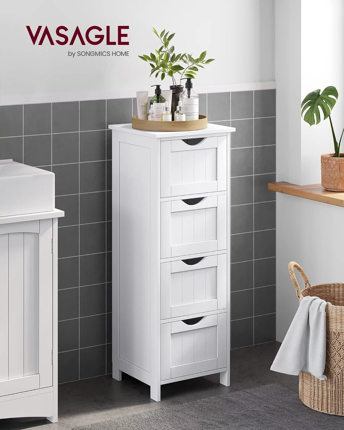Armario de baño, de Almacenamiento, de Pie, con 4 cajones, 30 x 30 x 82 cm, Sala de Estar, Comedor, Cocina, Estilo Moderno, Blanco LHC40W - Imagen 2