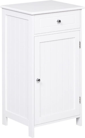 Armario de Baño con 1 Cajón 1 Puerta y Estante Ajustable Interior Mueble Auxiliar de Almacenaje Antivuelco 43x34x77 cm Blanco