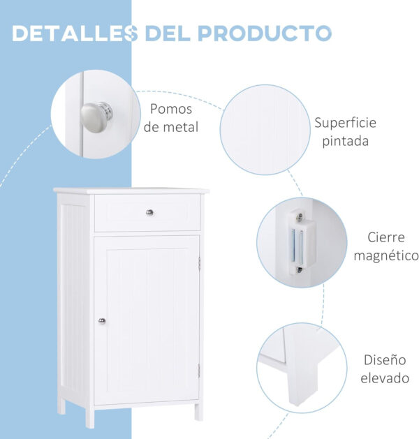 Armario de Baño con 1 Cajón 1 Puerta y Estante Ajustable Interior Mueble Auxiliar de Almacenaje Antivuelco 43x34x77 cm Blanco - Imagen 7