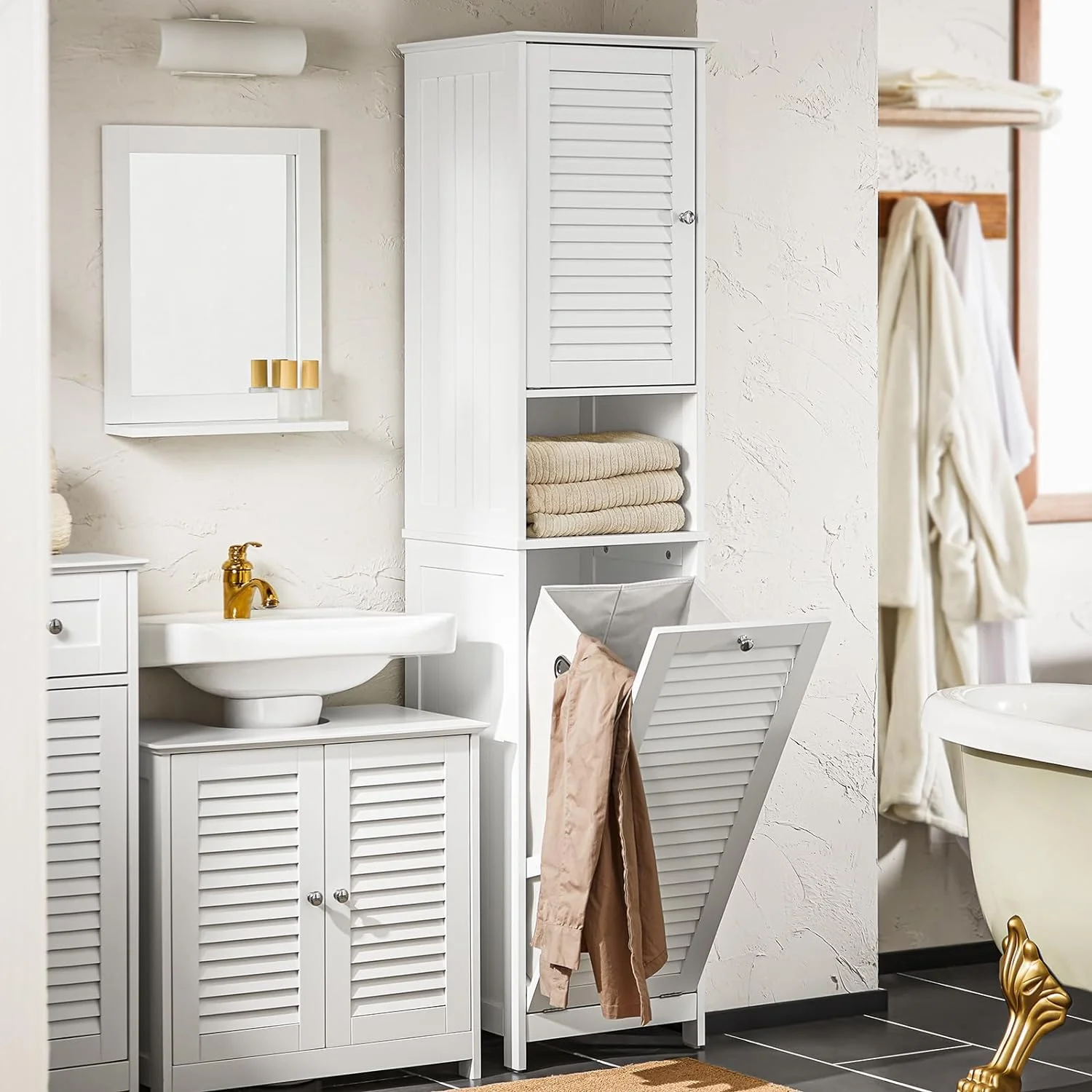 Mueble Columna de Baño con 1 Cesto para Ropa Sucia - Imagen 2