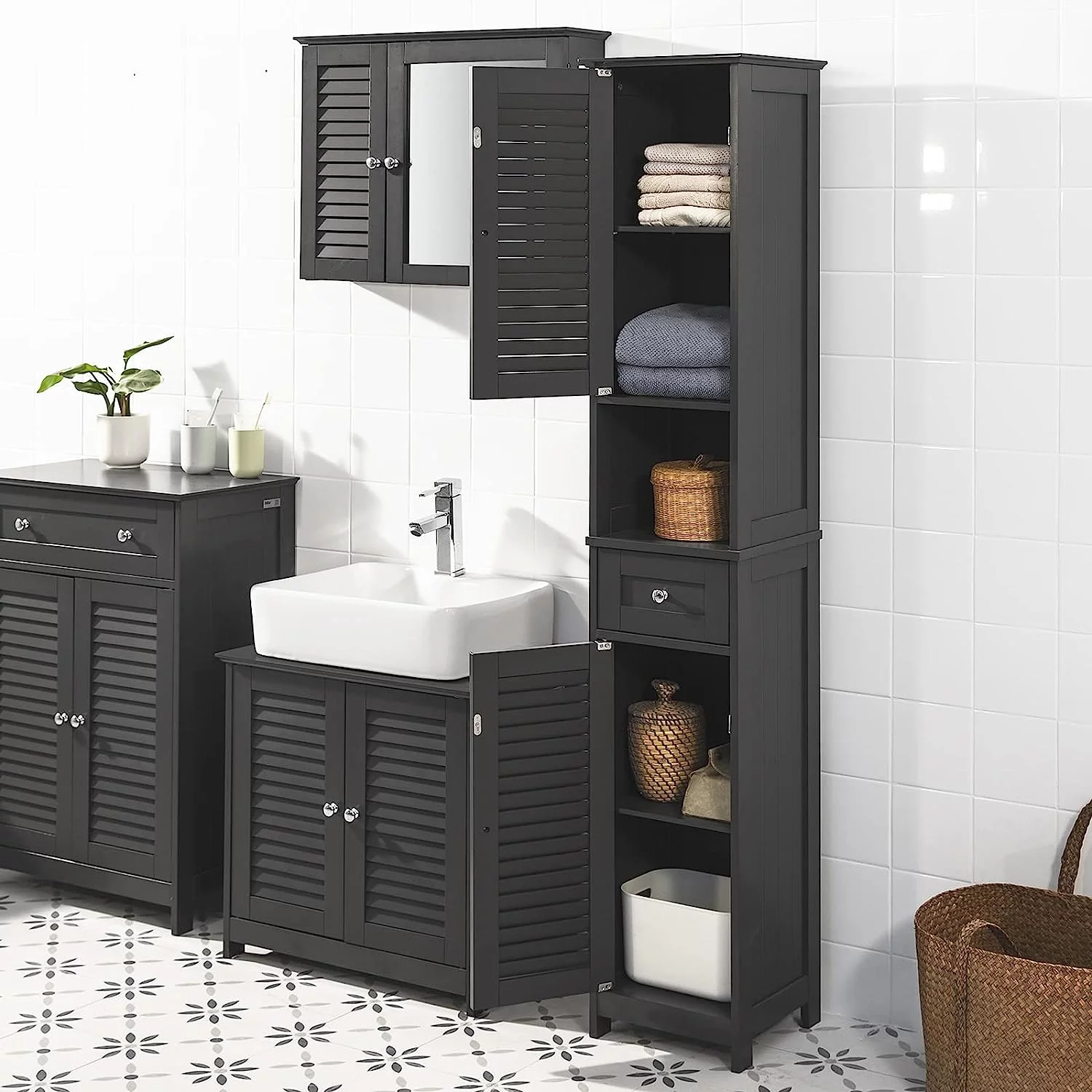 Mueble Columna de baño, Armario Baño Alto Estanterías de Baño-2 Puertas y 1 Cajón 32 x 30 x 170 cm ES (Gris) - Imagen 4