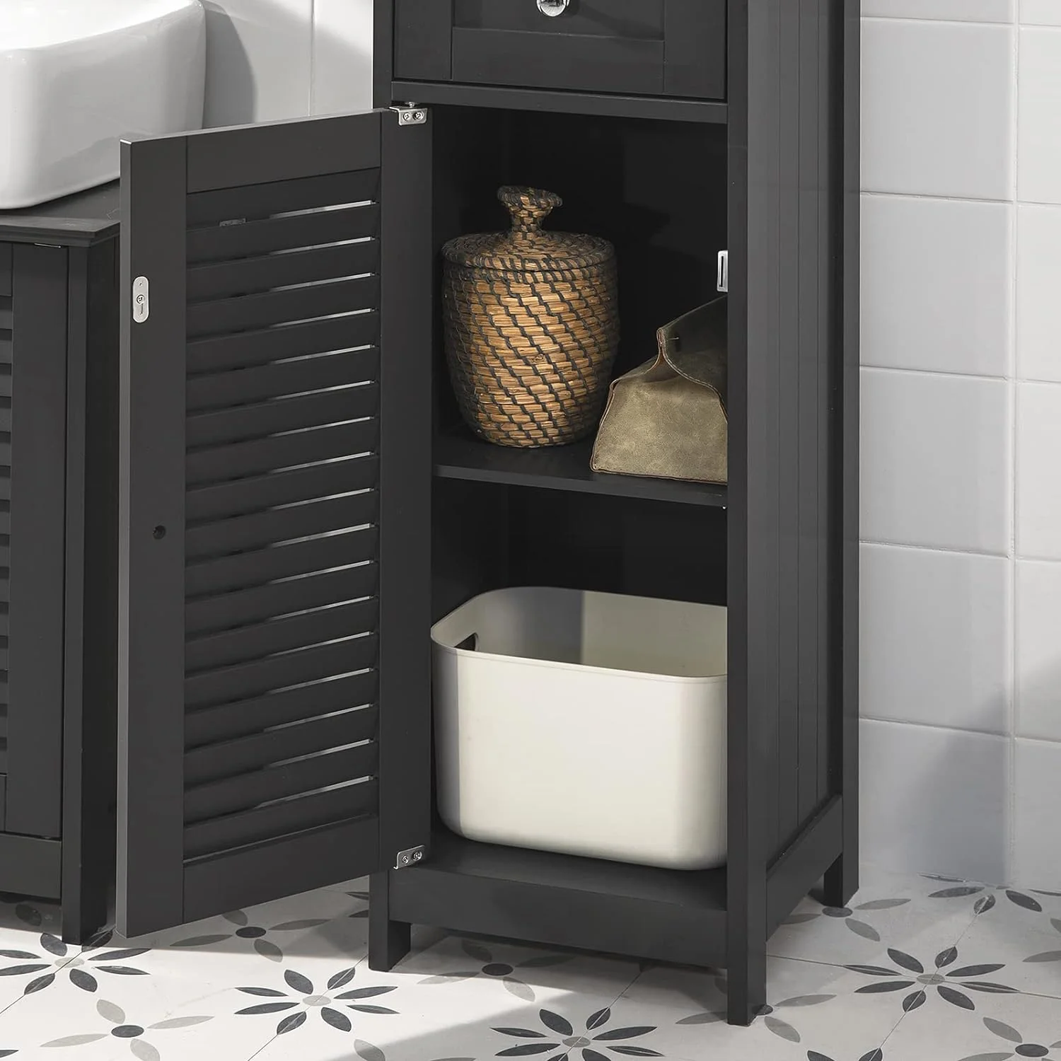 Mueble Columna de baño, Armario Baño Alto Estanterías de Baño-2 Puertas y 1 Cajón 32 x 30 x 170 cm ES (Gris) - Imagen 7
