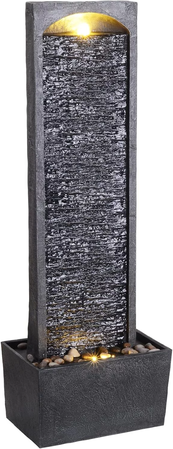 Fuente de Agua Recta para Jardín y Exteriores, Efecto Pizarra para Interiores, Moderno Adorno de Cascada con Luces y Bomba, Decoración de Patio, 98 cm alto