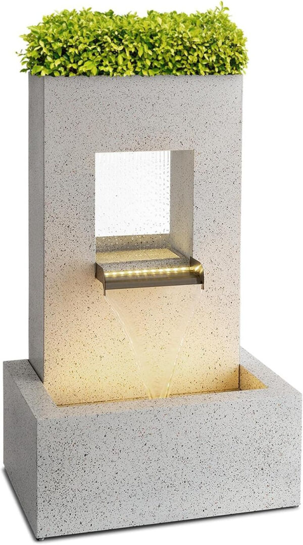 Fuente Decorativa, Maceta en Parte Superior, para Interiores y Exteriores, Potencia 20 W, hasta 1200 L/h, Circuito Cerrado, Iluminación LED, Zinc, 51 x 83 x 35 cm, Blanco