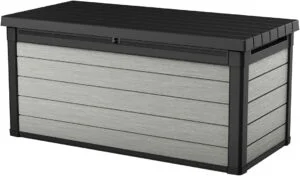 Arcón exterior, Baúl almacenaje, Capacidad 570L, Resina, Color gris, Ordenación jardín y terraza, 152 x 72.5 x 70 cm