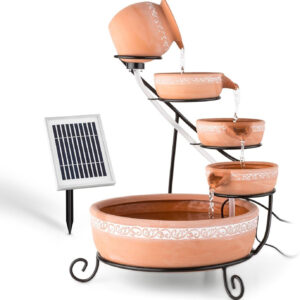 Blumfeldt Empoli Fuente en Cascada con energía Solar (5 Niveles de Agua, recipientes de Terracota, 200L/h, Bomba de 2 W, 4 LED, decoración Interior o Exterior, Soporte de Hierro)