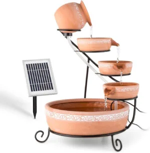 Blumfeldt Empoli Fuente en Cascada con energía Solar (5 Niveles de Agua, recipientes de Terracota, 200L/h, Bomba de 2 W, 4 LED, decoración Interior o Exterior, Soporte de Hierro)