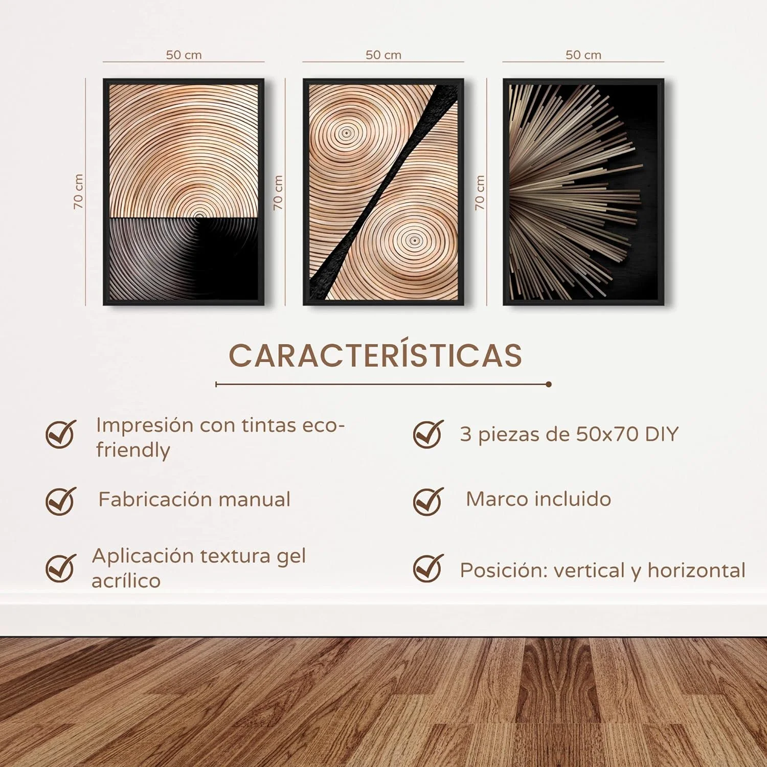 Cuadros decoracion salon modernos ARTE MINIMALISTA MADERA 50x70 cm x3 piezas - Cuadros con marco color negro incluido - Imagen 3