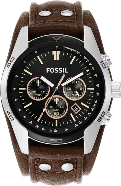 Fossil Reloj para hombre Coachman, movimiento cronógrafo de cuarzo, caja de acero inoxidable plateado de 45mm con correa de piel auténtica, CH2564