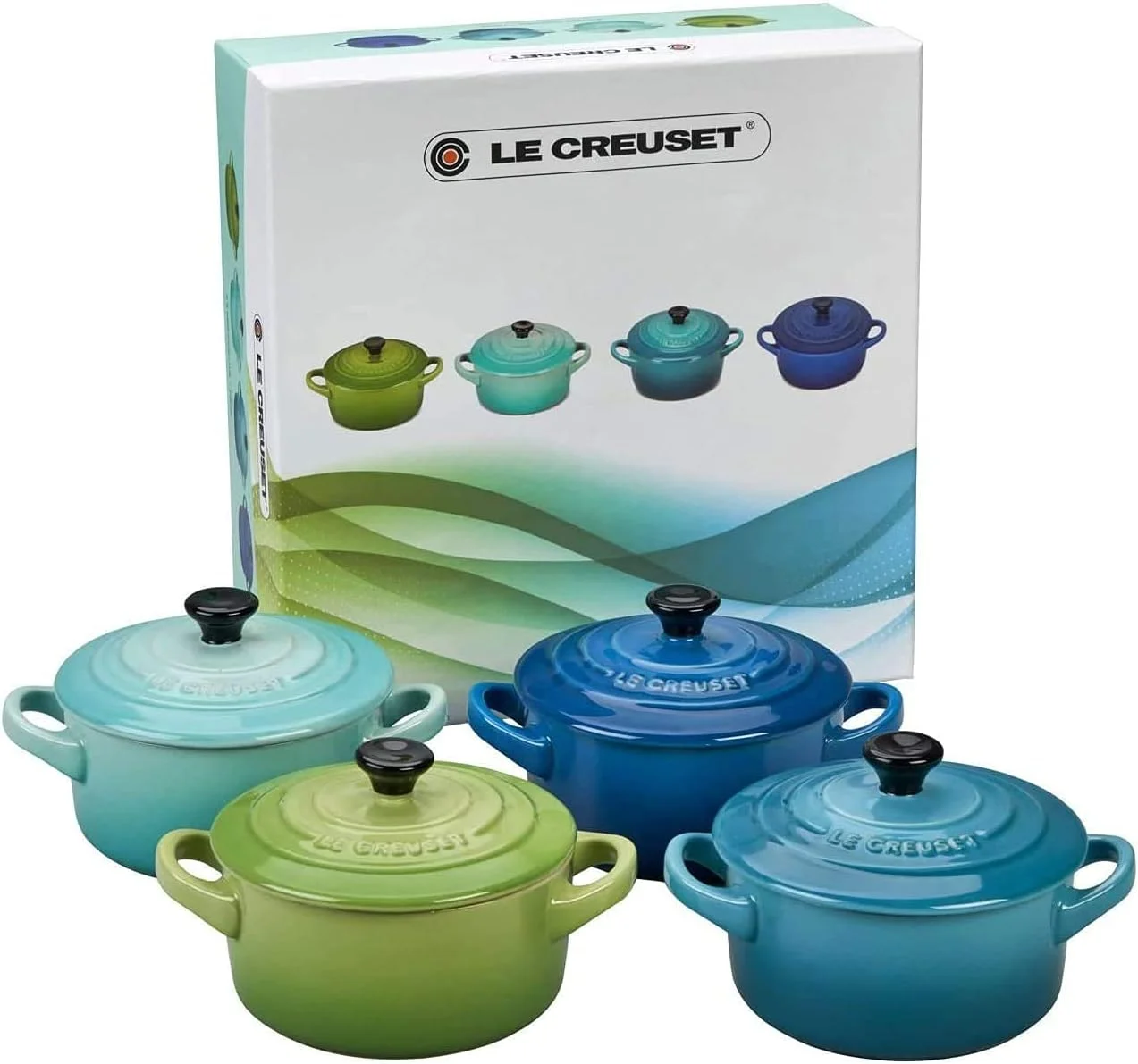 Le Creuset Set de 4 mini cocottes de cerámica de gres, 250 ml, ⌀ 10 cm, Verde y azul, 79212105139100 - Imagen 3