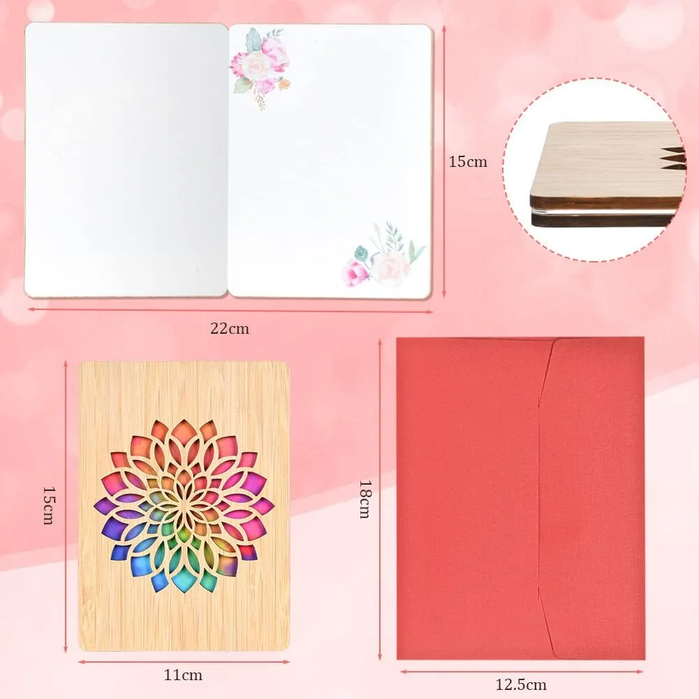 Vicloon tarjeta de regalo de felicitacion de Madera con Flor, Hecha a Mano, con Sobres, para Cumpleanos, Bodas y San Valentin - Imagen 2
