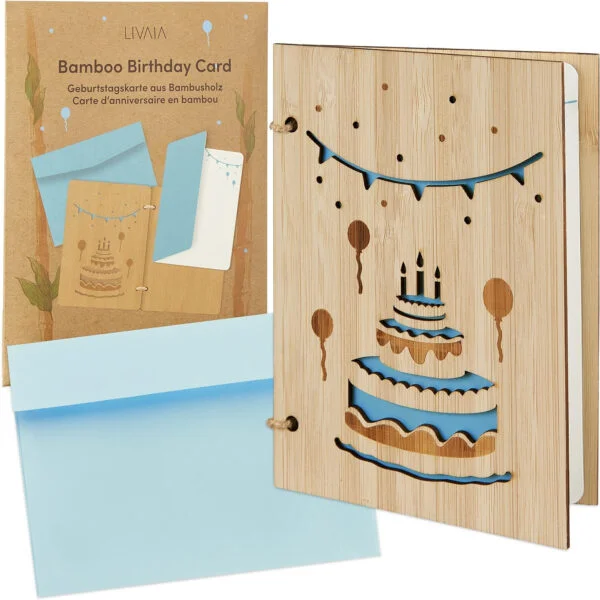 LIVAIA Felicitación de cumpleaños original: Tarjeta de madera con tarjetón de papel y sobre - Elegante felicitación de madera para mujer o para hombre