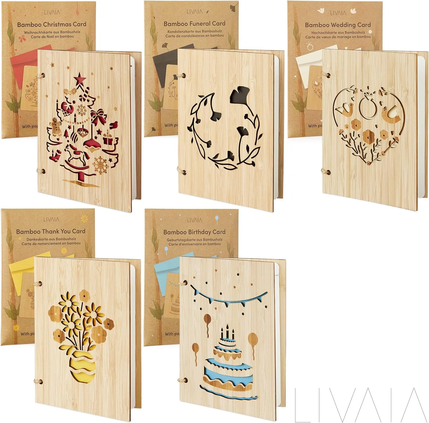LIVAIA Felicitación de cumpleaños original: Tarjeta de madera con tarjetón de papel y sobre - Elegante felicitación de madera para mujer o para hombre - Imagen 7