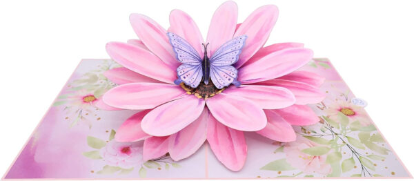 Tarjeta de flores pop-up desplegada con mariposa Opened pop-up flower card with butterfly