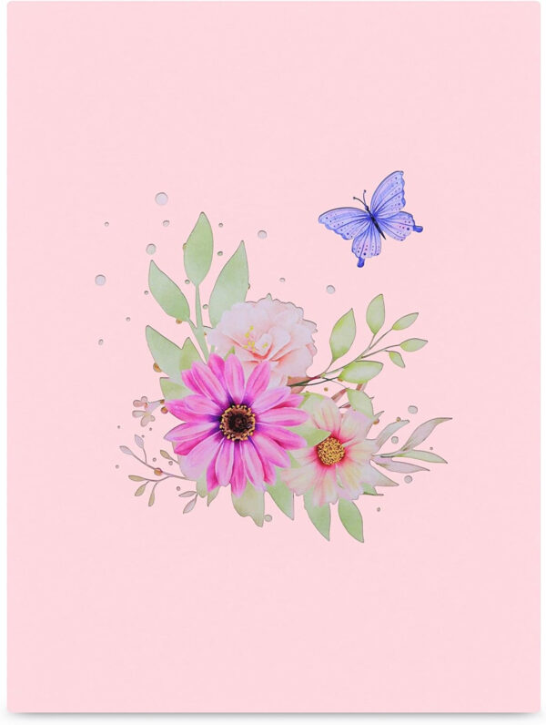 Portada de la tarjeta de flores pop-up con mariposa Cover of the pop-up flower card with butterfly