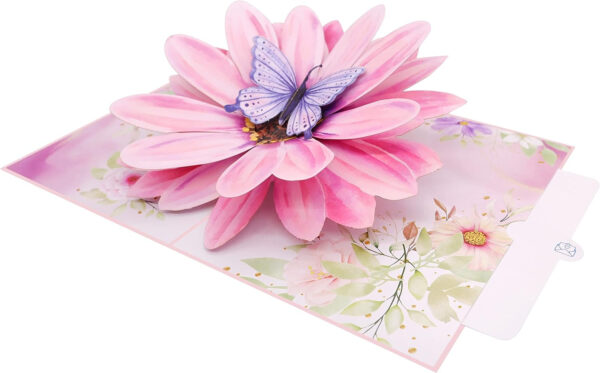 Tarjeta de flores pop-up abierta lateralmente Side view of opened pop-up flower card