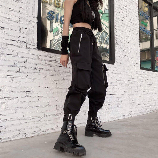 DINGJIUYAN Pantalones cargo para mujer, pantalones harén a la moda, con bolsillos punk, pantalones deportivos con cadena, pantalones elásticos Harajuku de cintura alta - Imagen 5