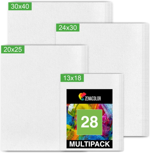 Set de 28 Canvas Telas - Lienzos para Pintar de Varios Tamaños - 13x18, 20x25, 24x30, 30x40 - Algodón sin Ácidos - Todos los tipos de Pintura sobre Lienzos