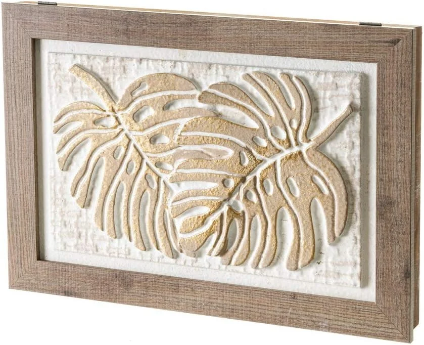 LOLAhome Tapa Contador luz o Cuadro eléctrico de Hojas Pintado a Mano sobre Lienzo Blanco y Natural de 50x6x35 cm