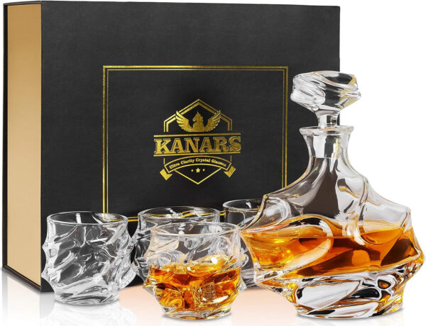 KANARS Vasos y Jarra de Whisky, Libre de Plomo Cristalino Resistente Botella de Whisky Set para Scotch, Bourbon, 750 ml Decantador y 4 Copas de Whiskey 320 ml, Caja de Regalo de Lujo, 5 Piezas