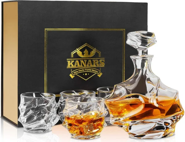 KANARS Vasos y Jarra de Whisky, Libre de Plomo Cristalino Resistente Botella de Whisky Set para Scotch, Bourbon, 750 ml Decantador y 4 Copas de Whiskey 320 ml, Caja de Regalo de Lujo, 5 Piezas