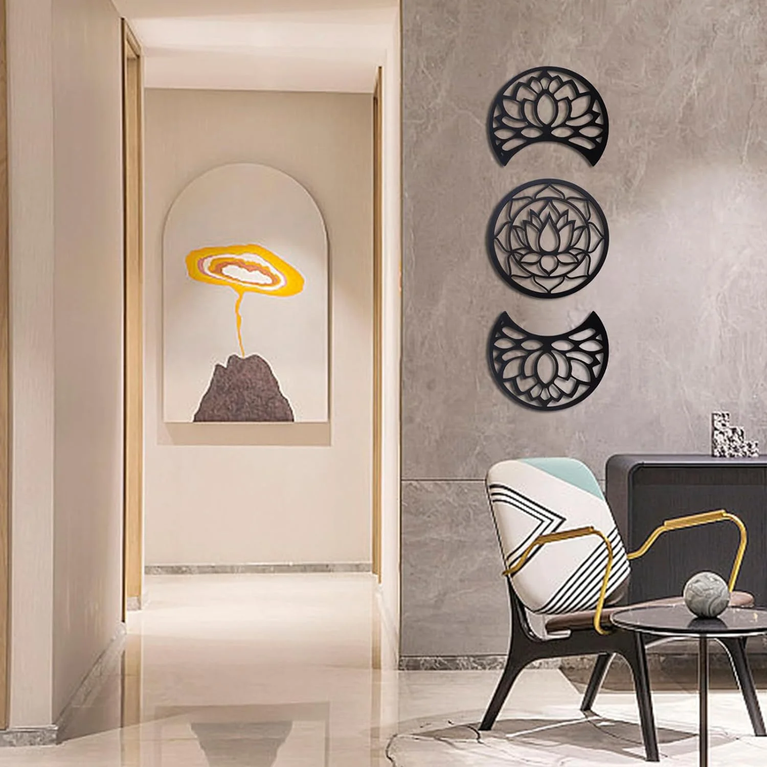 5 Piezas Decoración de Pared Moon Decoracion Pared Esculturas de Pared de Fase Lunar Cuadros Decoración Bohemia para Hogar Oficina Decoración Del Restaurante (Negro, Luna, Loto) - Imagen 3