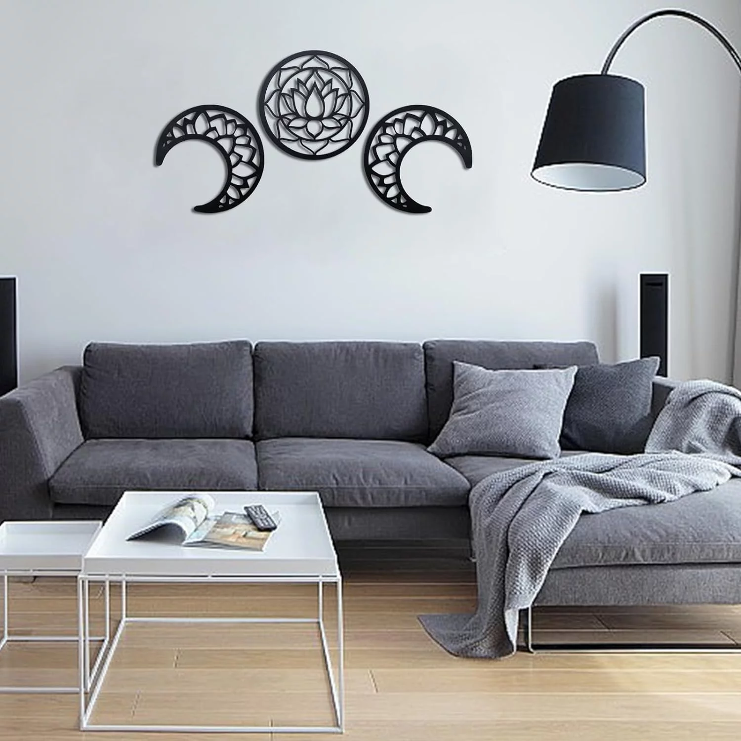 5 Piezas Decoración de Pared Moon Decoracion Pared Esculturas de Pared de Fase Lunar Cuadros Decoración Bohemia para Hogar Oficina Decoración Del Restaurante (Negro, Luna, Loto) - Imagen 5