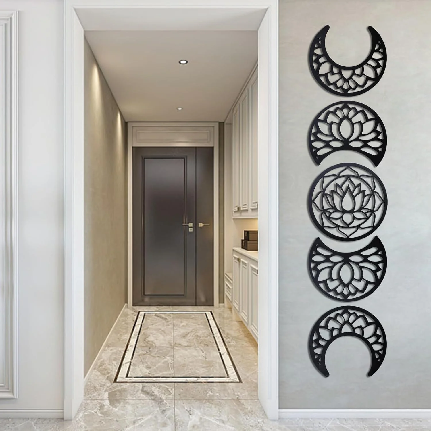 5 Piezas Decoración de Pared Moon Decoracion Pared Esculturas de Pared de Fase Lunar Cuadros Decoración Bohemia para Hogar Oficina Decoración Del Restaurante (Negro, Luna, Loto) - Imagen 7
