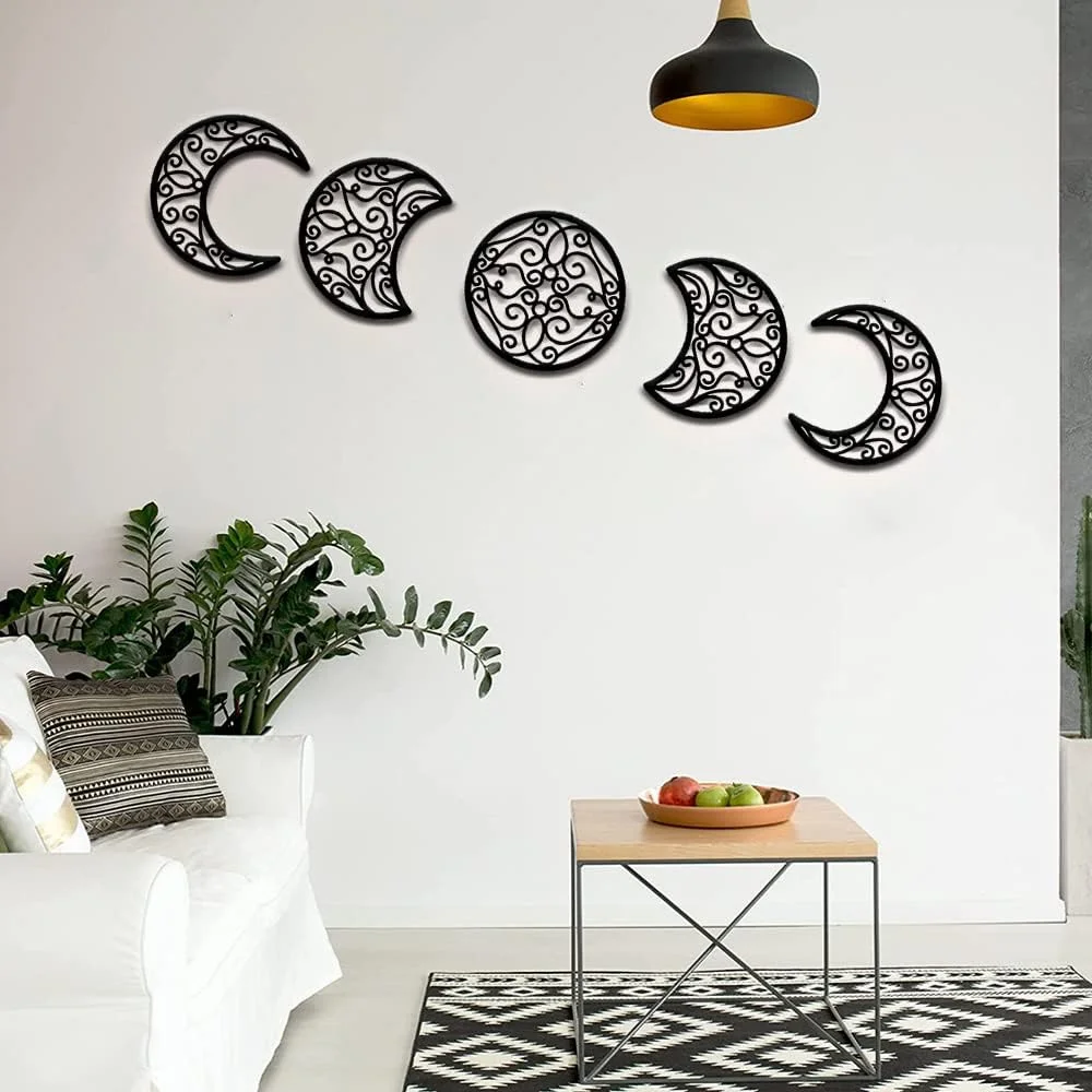 Moon Decoracion Pared, 5 Piezas hogar Salon del Norte de Europa Moon Phase Nature Diseño, Pared Bohemia Dormitorio (Negro) - Imagen 3