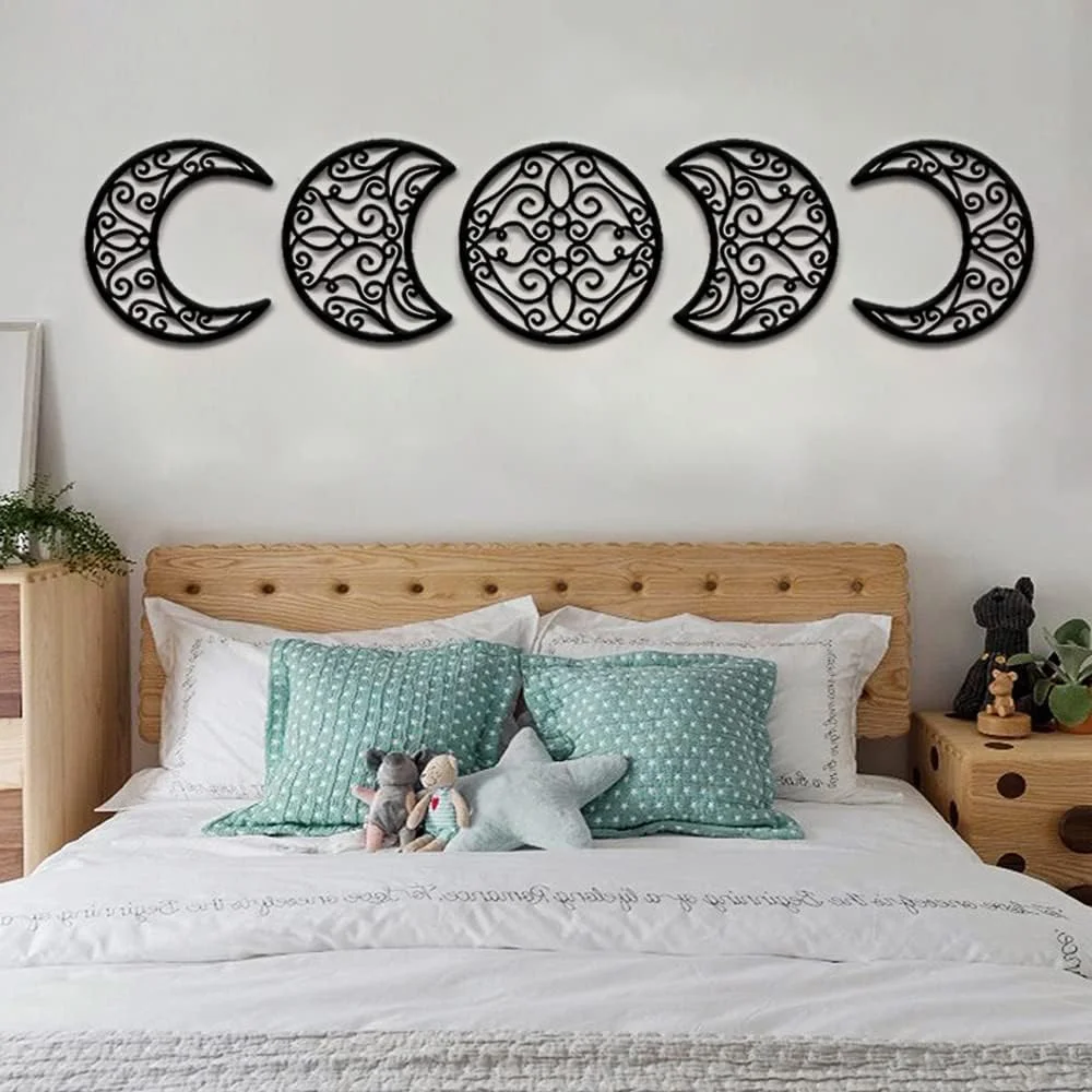Moon Decoracion Pared, 5 Piezas hogar Salon del Norte de Europa Moon Phase Nature Diseño, Pared Bohemia Dormitorio (Negro) - Imagen 4