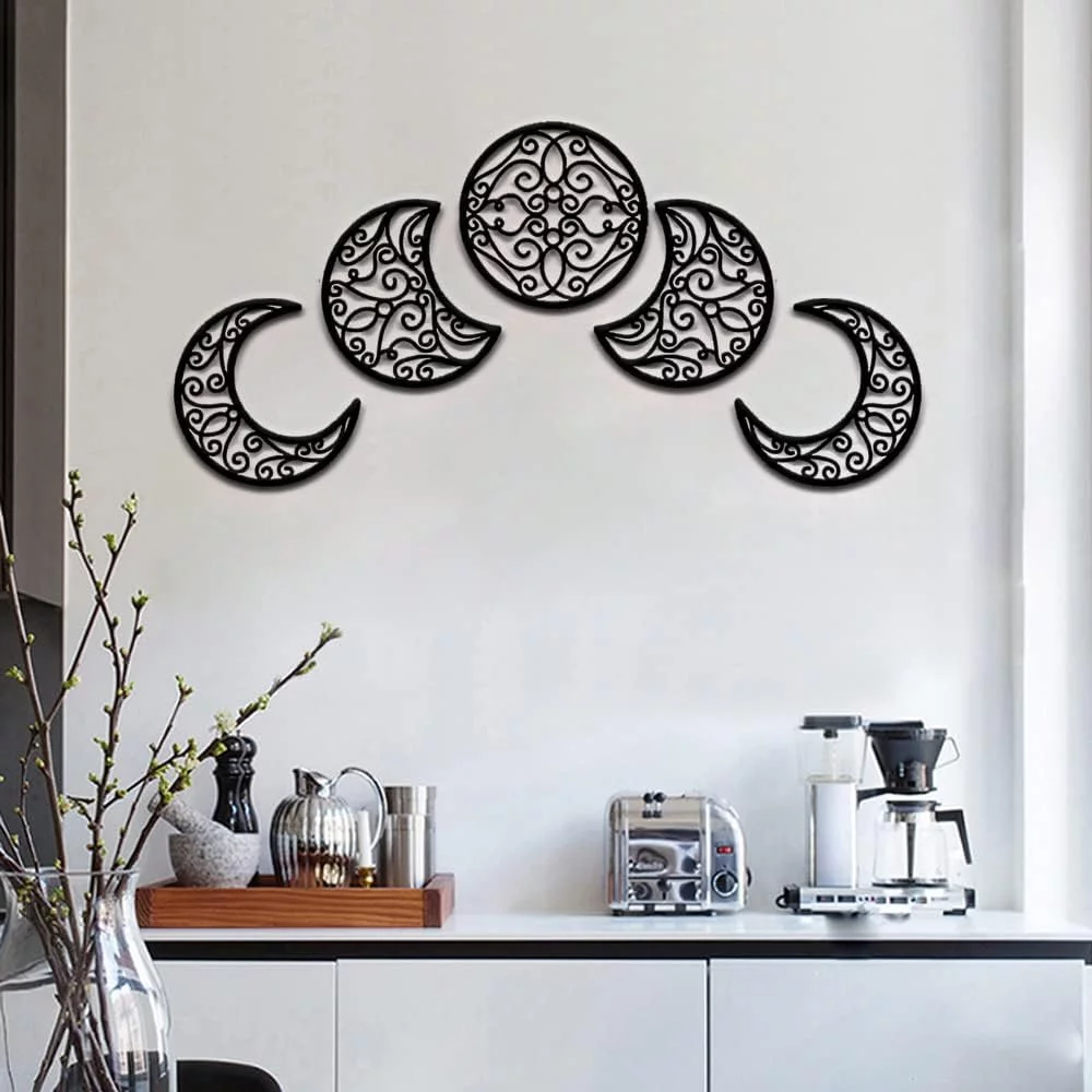 Moon Decoracion Pared, 5 Piezas hogar Salon del Norte de Europa Moon Phase Nature Diseño, Pared Bohemia Dormitorio (Negro) - Imagen 5