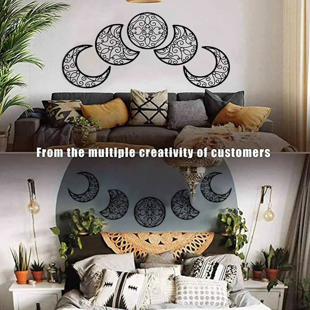 Moon Decoracion Pared, 5 Piezas hogar Salon del Norte de Europa Moon Phase Nature Diseño, Pared Bohemia Dormitorio (Negro) - Imagen 6